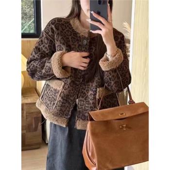 羊羔毛外套女短款秋冬2024新款韓版小個子豹紋兩面穿時尚保暖上衣