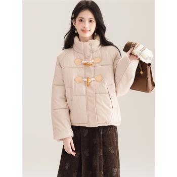 冬季立領厚款牛角扣設計保暖棉衣外套女新款百搭顯瘦棉服短大衣