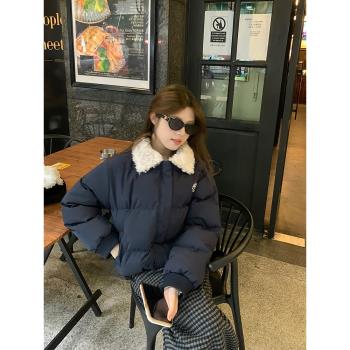 烏77美式復古羊羔毛翻領羽絨服女早春休閑保暖加厚短款麵包服外套