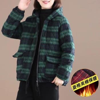冬季新款媽媽裝格子棉衣韓版復古連帽棉服休閑保暖外套中老年女裝
