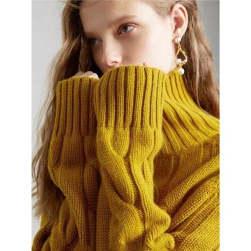 秋冬歐貨純羊絨衫女高領寬松針織麻花毛衣打底衫大碼慵懶風羊毛衫