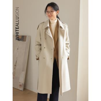毛呢外套女2024秋冬新款復古雙排扣風衣式中長款羊毛雙面呢子大衣
