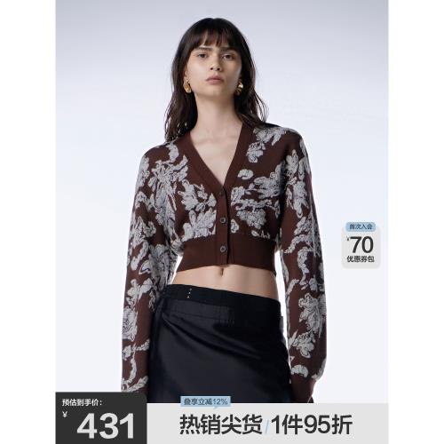 JNBY/江南布衣春秋新中式提花針織衫美麗諾羊毛短款毛衣女花卉紋