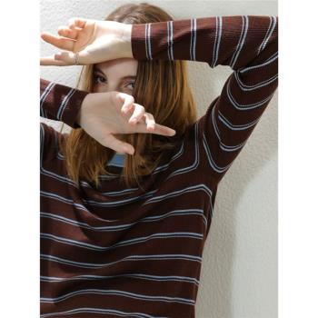 美拉德復古撞色條紋圓領針織衫毛衣女時尚百搭寬松長袖打底衫上衣