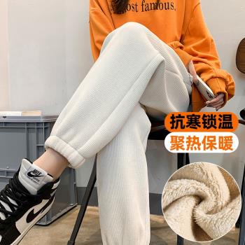 2024冬加長高個子羊羔絨運動褲女束腳褲雪尼爾加絨加厚燈芯絨衛褲