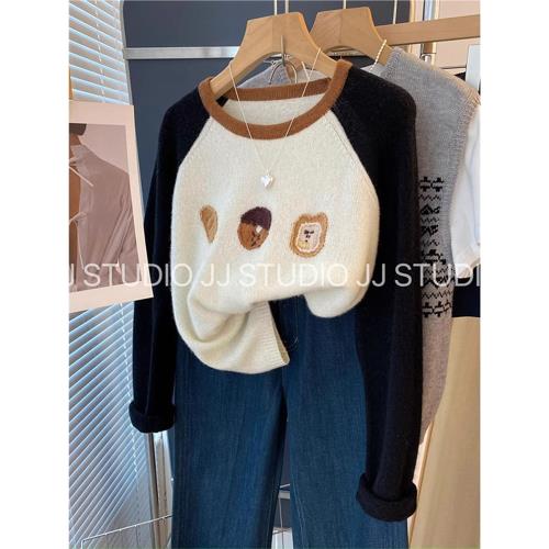 小眾別致可愛卡通刺繡寬松插肩袖羊絨毛衣女秋季新款針織衫上衣潮