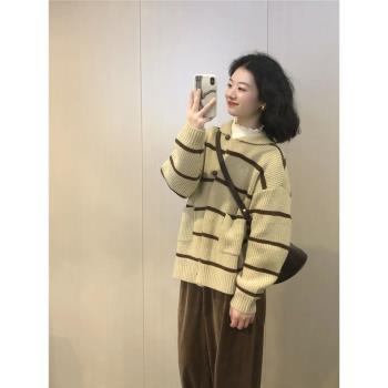 慵懶風美式復古翻領針織開衫毛衣