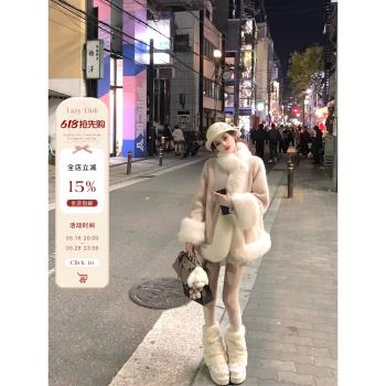 Lazy Didi雪國契約 羊毛夾棉加厚斗篷型千金風大衣毛毛中長款外套