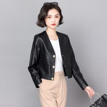 2023年秋新款海寧真皮皮衣女短款小香風外套時尚百搭經典羊皮夾克