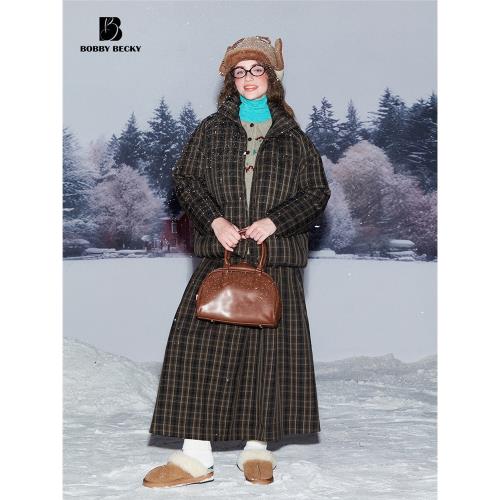 Bobbybecky立領式復古格紋羽絨服顯瘦A字大裙擺格紋半裙兩件套