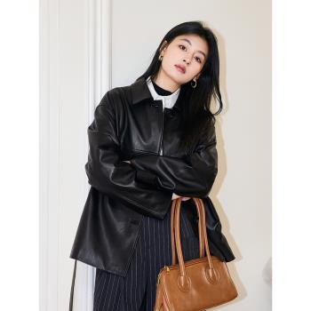 LR 綿羊皮黑色皮衣外套女2025春秋設計感小眾 真皮夾克風衣高級感