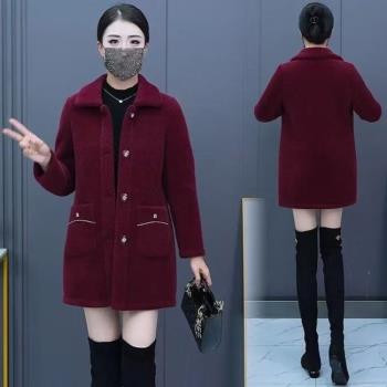 中年媽媽水貂絨女外套方領純色時尚百搭加絨加厚中長款金貂絨上衣