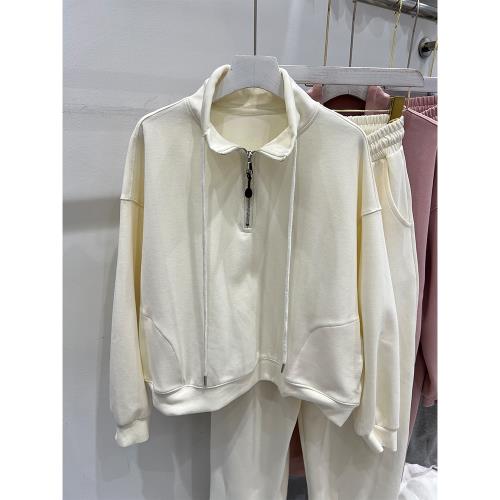 特價半拉鏈抽繩立領衛衣+闊腿褲兩件套女2024春新款純色時尚套裝