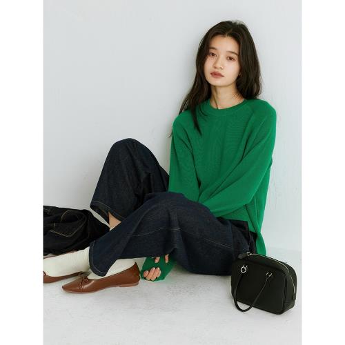 元寶針寬松廓形圓領上衣精紡羊毛