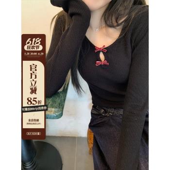 烏77設計感絲絨蝴蝶結圓領針織衫女冬季修身顯瘦短款喇叭袖上衣新