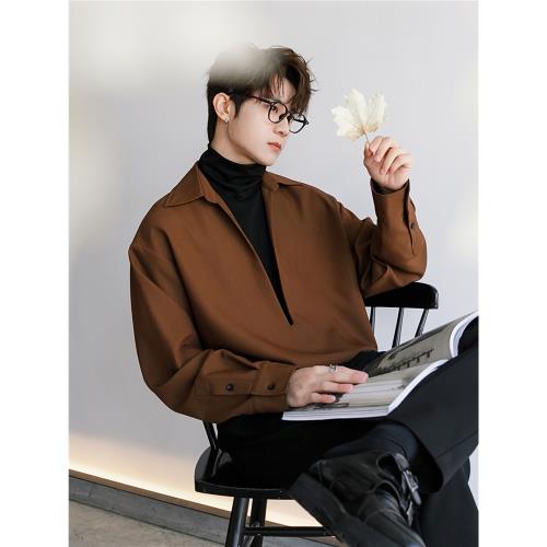 CHICERRO西西里男裝重磅假兩件層次深V襯衫領撞色拼接設計感襯衫