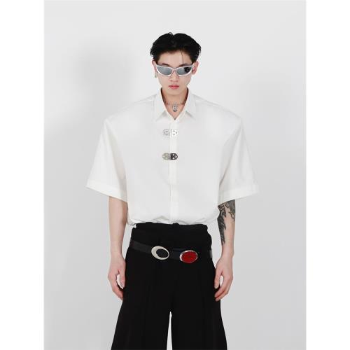 Culture原創小眾金屬扣墊肩設計感T恤短袖白襯衫男女簡約高級開衫