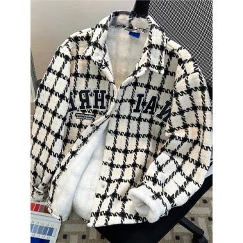 小香風格子刺繡字母加絨夾克男士休閑長袖帥氣高級感小眾翻領外套