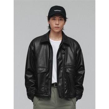 MOSEALAND 復古MK3翻領夾克男春秋多口袋PU皮衣短款休閑立領外套