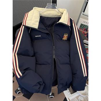 復古撞色織帶徽章刺繡翻領羽絨棉衣男冬季加厚情侶麵包服棉襖外套