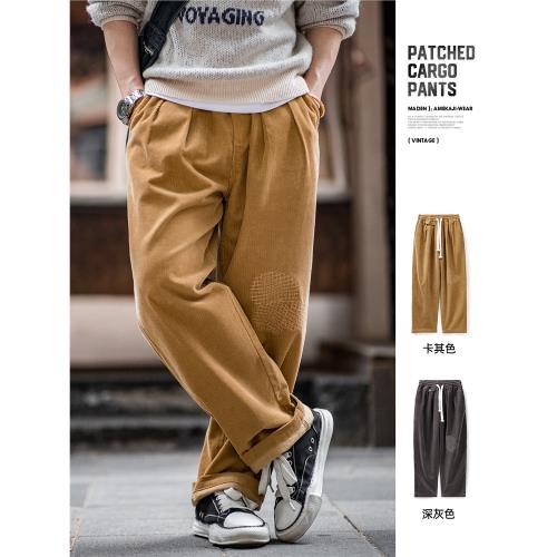馬登工裝 美式復古燈芯絨補丁休閑褲vintage寬松闊腿直筒褲男春