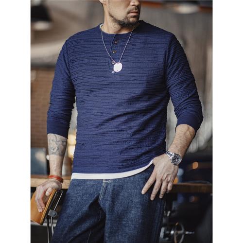 馬登工裝美式復古提花針織牛仔亨利衫vintage硬漢修身長袖T恤男春