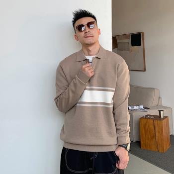 槓叔春秋季男士條紋Polo毛衣寬松翻領上衣休閑潮美式韓版寬松長袖