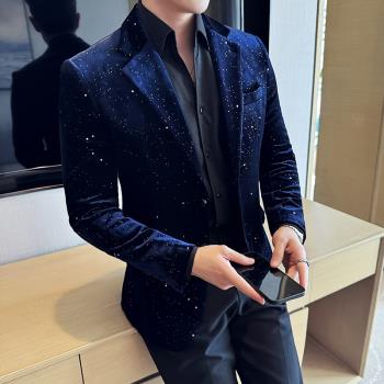 時尚宴會燙金禮服秋季男士金絲絨閃光西裝外套絲光絨韓版修身西服