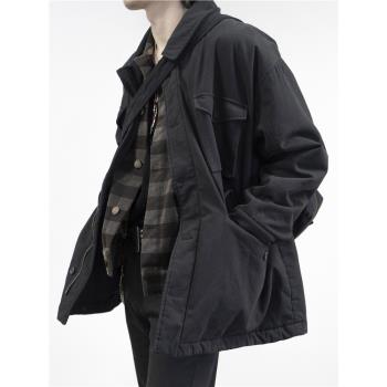 HUNTINGOLD寬松休閑日系vintage復古中長款風衣純黑加厚棉服1533