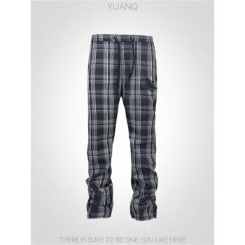 YUANQ黑白格子微喇叭拉鏈長褲美式原創寬松休閑cleanfit闊腿褲