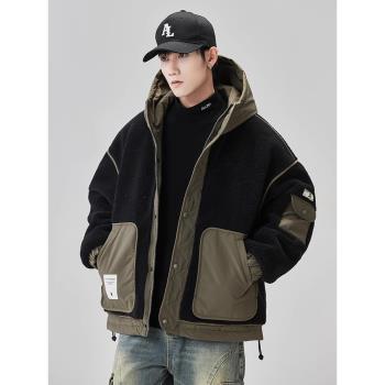 羊羔絨連帽羽絨服男士冬季加絨加厚棉衣情侶裝鴨絨潮牌顆粒絨外套