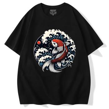 高品質中國風錦鯉圖案短袖t恤男胖子寬松大碼純棉爸爸青年衣服潮