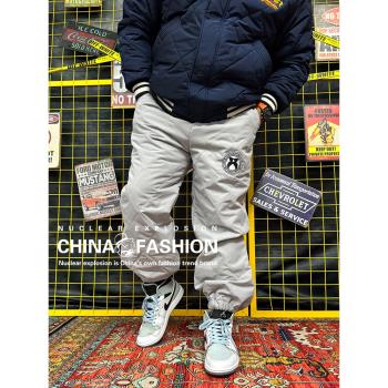 核爆炸冬季時尚淺灰色菱格紋寬松保暖大碼哈倫吊襠休閑長褲棉褲男