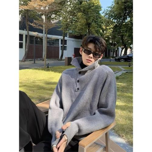 冬季高領毛衣男女中性風長袖韓版紐扣設計bf套頭休閑打底針織毛衫