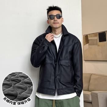 槓叔秋冬季痞帥機車服外套PU皮棉服男寬松加棉翻領皮衣韓版美式潮