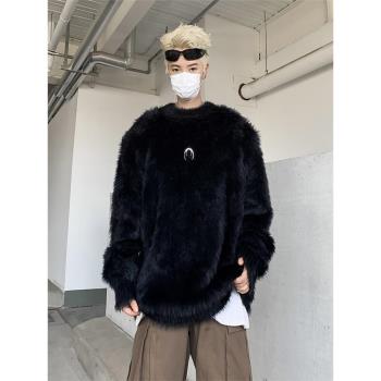 黑色水貂絨墊肩毛衣男女秋冬季慵懶風oversize加厚情侶針織衫上衣