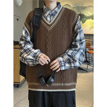 秋冬加厚學院風麻花毛衣男休閑V領背心韓版寬松鹿毛絨坎肩針織衫