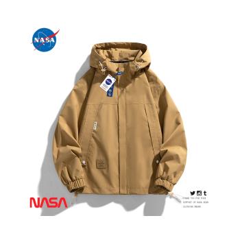 NASA聯名冬季加絨加厚連帽外套男防風防水沖鋒衣寬松多口袋情侶裝