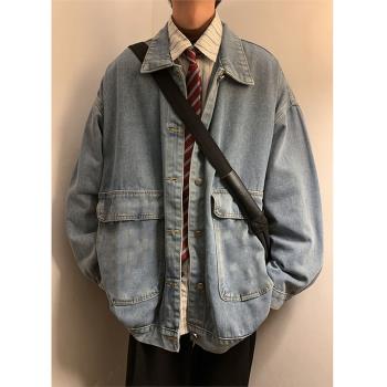 日系復古大口袋牛仔夾克外套男士港風秋季高街潮牌情侶工裝上衣服