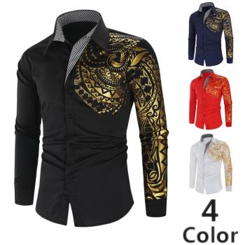 歐美新款時尚男士襯衣創意圖騰燙金印花長袖襯衫Shirt men。