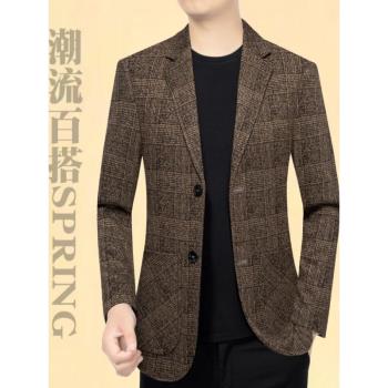 啄木鳥西服男士外套春秋季商務休閑西裝寬松秋裝三扣格子痞帥男裝