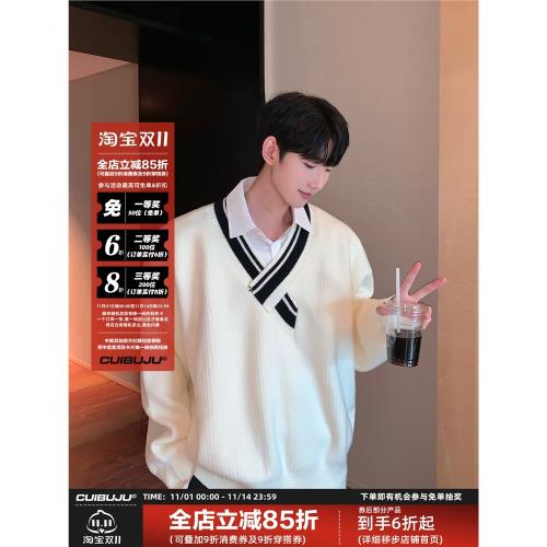 cuibuju小眾不規則v領設計針織毛衣男寬松慵懶風條紋撞色套頭毛衫