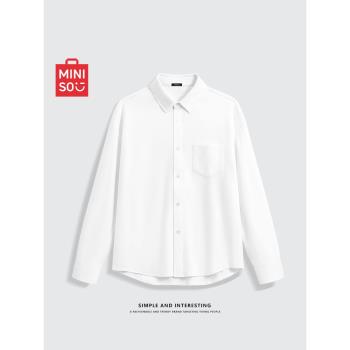 MINISO/名創優品長袖襯衫男秋季法蘭絨磨毛白色通勤風古巴領襯衣Y