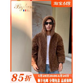 bylure高階感澳洲純羊毛連帽外套羊剪絨顆粒絨皮毛一體大衣皮草