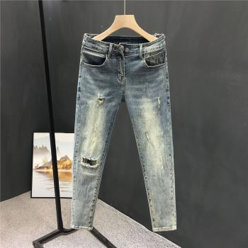 破洞春秋季修身顯瘦9分牛仔褲