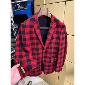 秋冬男士高階西服雙面羊毛呢子氣質休閑修身單西裝紅格子外套k35