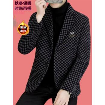 保羅羊毛呢子西服外套男士秋冬款2024新款商務休閑小西裝加絨上衣