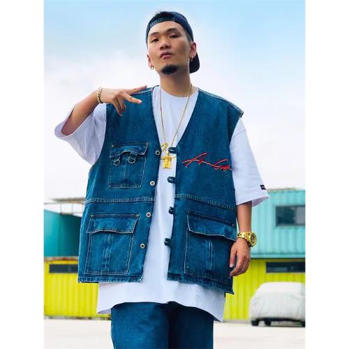 ACUSAJEANS復古牛仔石水做舊雙邊色刺繡單寧寬松肥大款背心馬甲男