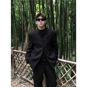 新中式男裝中國風寬松大碼西裝盤扣立領外套男高級感中山裝小西服