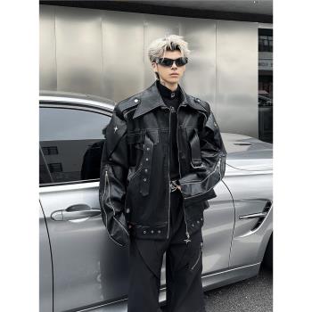 美式小眾解構PU皮夾克男秋季vibe潮牌寬松設計感痞帥機車夾克外套